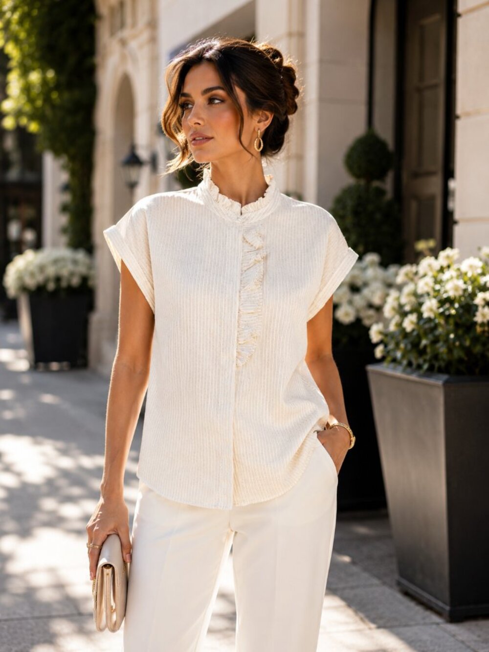 Anne Klein Cream Ruffle-Trim Button Front Blouse, size S, NWT